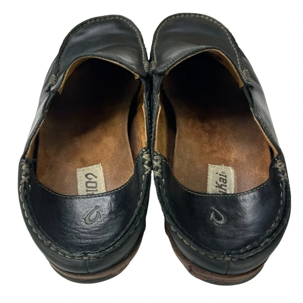 Olukai Maloa Loafers‎ Mens 9.5 Black Leather Back Drop Heels Shoes